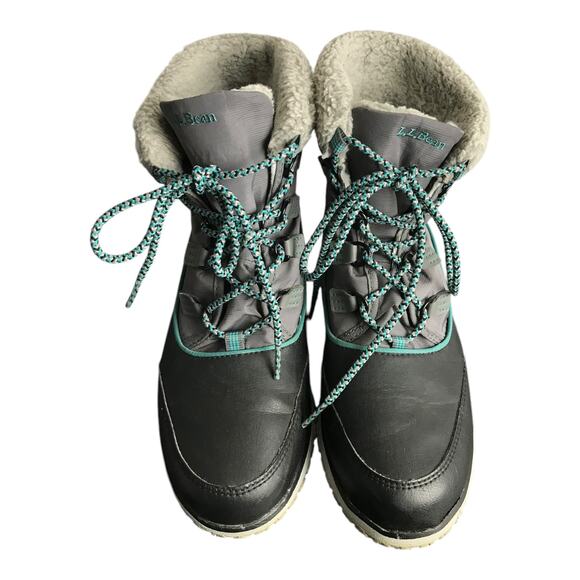 L.L Bean Booties Women Sz 7 Lite Black Gray Colorblock Leather Insulated Lace-Up - Picture 4 of 7